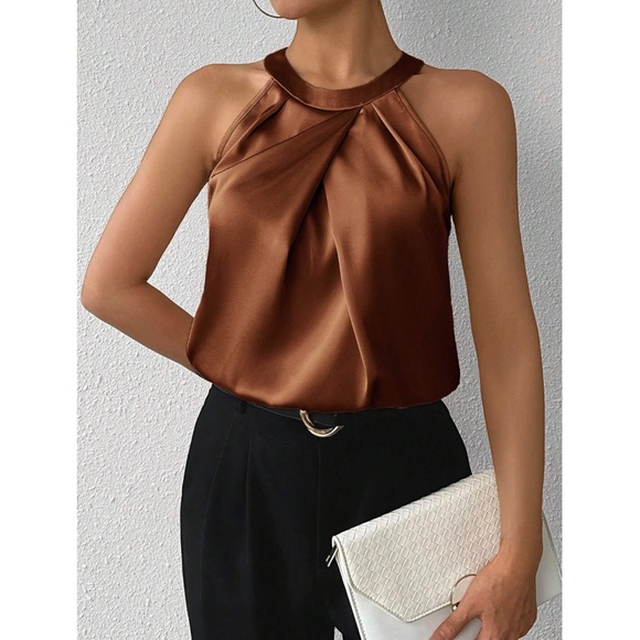 Brown Satin Halter Blouse Top - Picture 3 of 8
